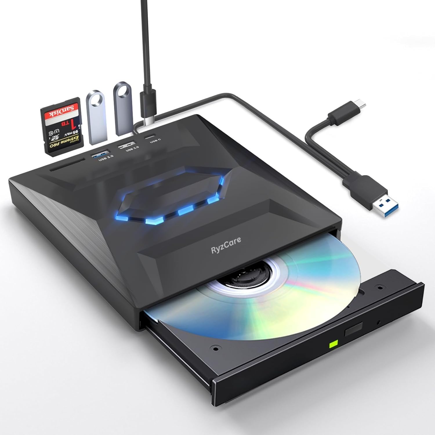 RyzCare Multi-functional, External CD/DVD Drive with USB Hub, Thin